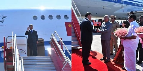 Chinese President Xi Jinping arrives at the Chennai Airport where he's welcomed by Tamil Nadu chief minister and governor on Friday. (Photo | Twitter/@narendramodi)
