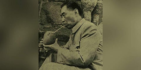 Former Chinese Prime Minister Zhou En-lai enjoying a sip of coconut water at the shore temple in Mahabalipuram. (Photo | Express)