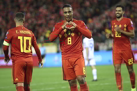 Belgium's Youri Tielemans jubilates after scoring his sides sixth goal. (Photo | AP)
