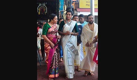 Ace shuttler P V Sindhu after visiting a temple in Thiruvananthapuram on Wednesday. (Photo | EPS)