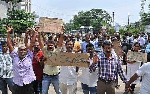 Members of TSRTC unions during a protest at JBS Bust station in Hyderabad (Photo | S Senbagapandiyan, EPS)