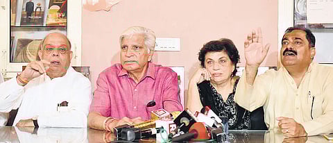 Senior leaders of the Delhi Congress (from Left) Mangat Ram Singhal, Ramakant Goswamy, Kiran Walia and Jitender Kochar address the media at Press Club of India in New Delhi on Friday. (Photo | EPS)