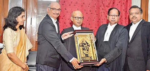 Outgoing judge Justice PV Sanjay Kumar felicitated by other judges of Telangana High Court (Photo |EPS)