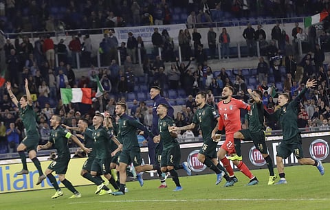 The Italian soccer team celebrates after the end of the Euro 2020 group J qualifying match. (Photo | AP)