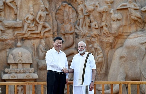 The Prime Minister Shri Narendra Modi and the President of the People s Republic of China Mr. Xi Jinping at Arjuna s Penance in Mamallapuram Tamil Nadu on October 11 2019.  (Photo | Special Arrangements)