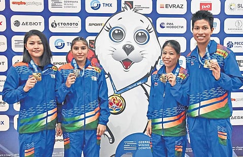 (from left) India medallists Jamuna Boro, Manju Rani, MC Mary Kom and Lovlina Borgohain on Sunday | bfi