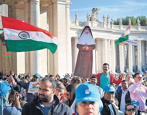 Faithful from India attend the canonisation mass for Sr Mariam Thresia at St Peter’s Square in the Vatican on Sunday. (Photo | AFP)
