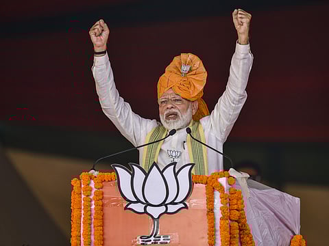 Prime Minister Narendra Modi addresses an election campaign rally for upcoming Haryana Assembly polls at Ballabgarh in Faridabad district Monday Oct. 14 2019. | (Photo | PTI)