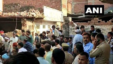 The impact of the blast was so strong that the two-storey house in Walidpur village where it took place was blown to smithereens. (Photo | ANI Twitter)