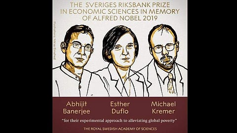 Abhijit Banerjee, Esther Duflo, Michael Kremer, the 2019 winner of the Nobel Prize in Economic Sciences. (Photo | Twitter)