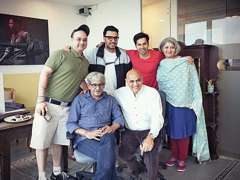 Varun Dhawan (in red) with the team behind the Arun Khetrpal biopic.