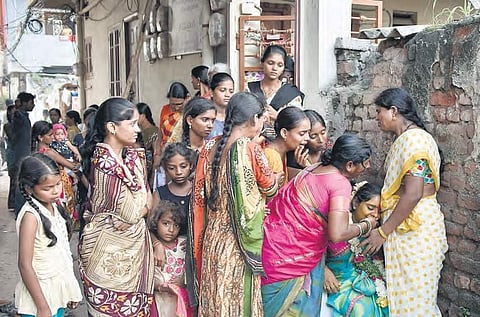 Relatives of B Surendar Goud, the RTC conductor who committed suicide, at his residence in Hyderabad on Monday | VINAY MADAPU
