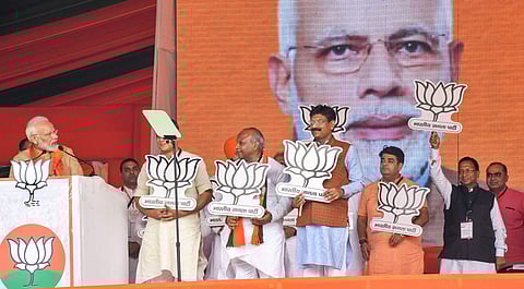 Prime Minister Narendra Modi addresses an election campaign rally ahead of Haryana Assembly elections at Thaneshar in Kurukshetra Tuesday Oct. 15 2019. | (Photo | PTI)