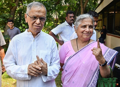 Infosys founder Narayana Murthy and his writer wife Sudha Murthy cast their vote in Bengaluru. (Photo | File, EPS)