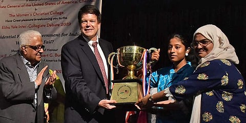 US Council general, Chennai, Robert G Burgess presenting the winners trophy. (Photo | P Jawahar, EPS)