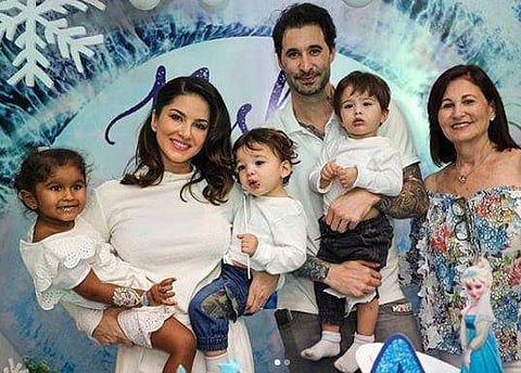 La Familia: Sunny Leone, husband Daniel Weber and their children pose for a family photo at Nisha's birthday celebration. (Photo | Instagram)