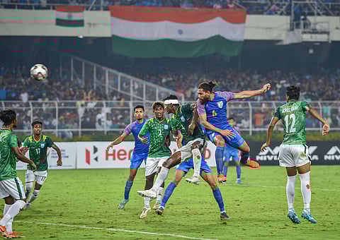 India's defender Adil 6 scores a goal during FIFA World Cup Qatar-2022 Qualifier match against Bangladesh at Salt Lake Stadium in Kolkata Tuesday Oct. 15 2019. | (Photo | PTI)