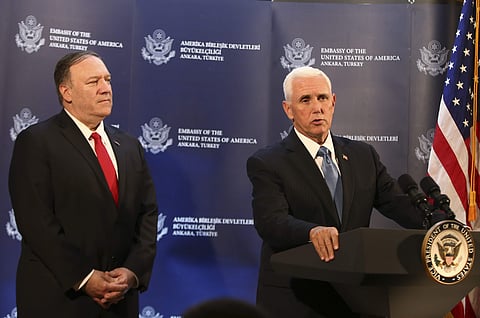 US Vice President Mike Pence (R) talks to the media regarding his earlier meeting with Turkish President Recep Tayyip Erdogan, as US Secretary of State Mike Pompeo looks on in Ankara, Turkey (Photo| AP)