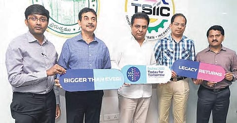 IT Minister KT Rama Rao and Principal Secretary Jayesh Ranjan launch the logo, theme and website of BioAsia 2020 in Hyderabad on Wednesday