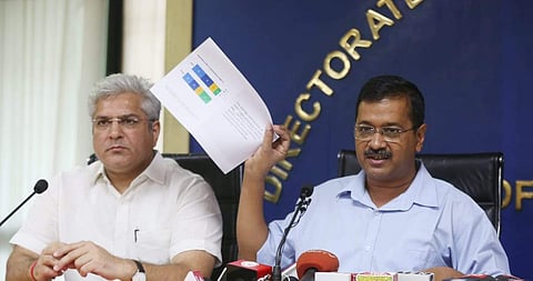 Delhi CM Arvind Kejriwal addresses a press conference in New Delhi on Thursday . (Photo | EPS/Shekhar Yadav)