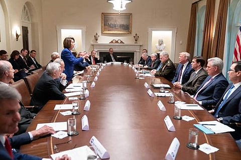 US president Trump and House Speaker Nancy Pelosi engaged in war of words at the White House. (Photo | Twitter)
