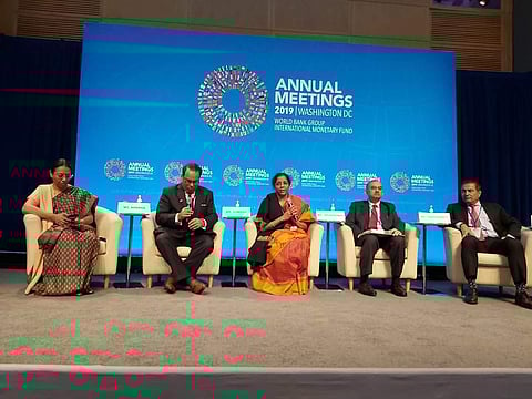 Nirmala Sitharaman addressing Global Investors meet at the International Monetary Fund HQs in Washington DC.