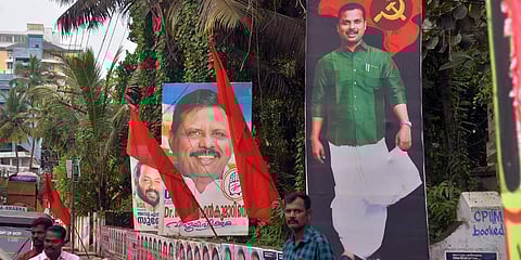 Flex boards lined up at Kuravankonam as part of the election campaign. (Photo | Vincent Pulickal, EPS)