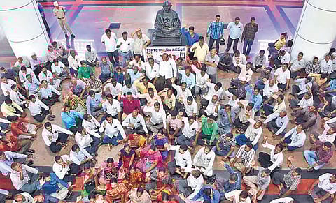 TSRTC workers sitting on strike (Photo |EPS)