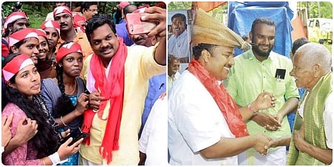 LDF candidates KU Janeesh Kumar (L) and Manu C Pulickal during campaigning (Photos by special arrangement)