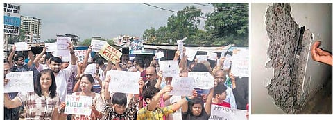 Kokapet residents stage  a protest against rock blasting in Hyderabad on Friday; (above) wall of flat basement cracked open due to  rock blasting at an adjacent site