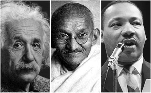 From left to right - Albert Einstein, Mahatma Gandhi and Martin Luther King Jr. (Photos | AFP)