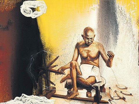 Swadeshi (2018) by Paresh Maity, 78 x 156”; Oil, Acrylic, Saw Dust & Threads on Canvas