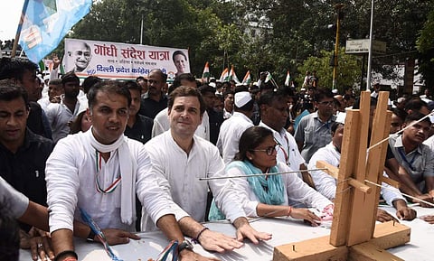 Congress leader Rahul Gandhi walks during Gandhi Sandesh Padyatra on the occassion of the 150th birth anniversary  celebration of father of the nation Mahatma Gandhi, from DPCC office towards Rajghat in New Delhi. | (Photo | Parveen Negi/EPS)