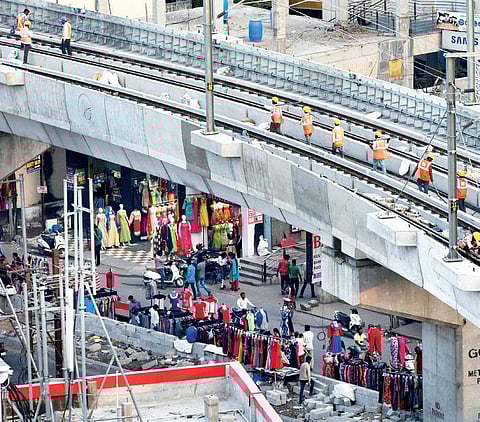 Repair works underway at Ameerpet metro station, in Hyderabad on Friday | R Satish Babu