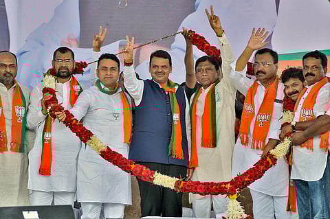 Maharashtra Chief Minister Devendra Fadnavis campaigning for party candidate Shivajirao Naik at Kameri in Sangli (File Photo | PTI)