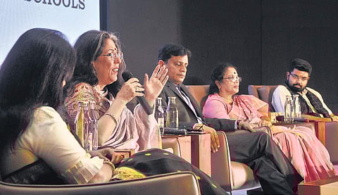 (From left) Director of Silver Oaks International Schools Seetha Murty, director of The Shri Ram Schools Manika Sharma, director of Samaikya Educations Anil Kolli, among others, at the Educators’ Conclave in Hyderabad on Saturday | S Senbagapandiyan