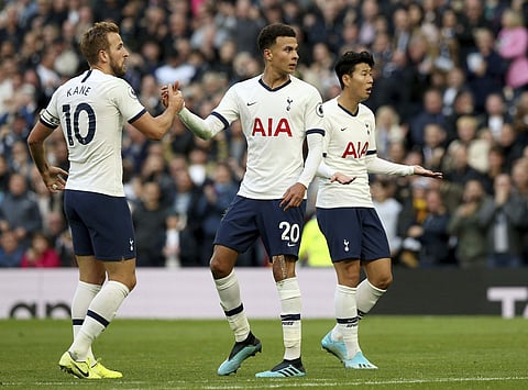 Tottenham Hotspur's Dele Alli, centre, celebrates with team-mates Harry Kane, left, and Son Heung-min. (Photo | AP)