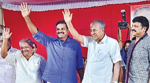 Chief Minister Pinarayi Vijayan with Konni LDF candidate K U Jenish Kumar. ( File Photo | Shaji Vettipuram )