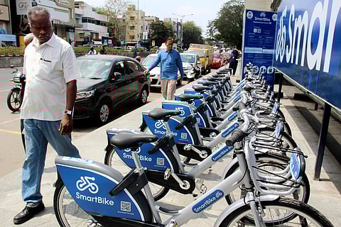 While the SmartBikes are easy and comfortable to ride, the problem is that they cannot be parked just anywhere, and have to be returned to one of the bike stations.  (Photo | Debadatta Mallick/ EPS)