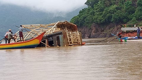 Royal Vasista Punnami boat pulled out from river Godavari at Kacchulurumanda of East Godavari on Tuesday.  (Photo | EPS)