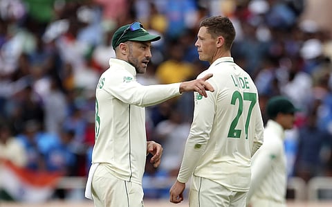 Captain Faf du Plessis talks to George Linde. (Photo | AP)