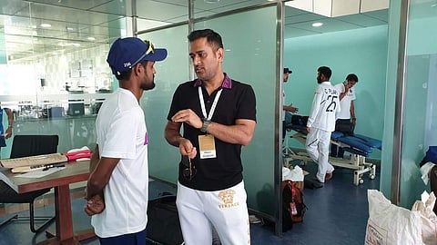 MS Dhoni interacts with Shahbaz Nadeem. (Photo | Twitter/BCCI)