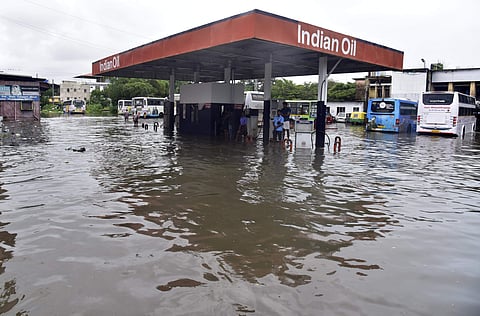 A petrol pump submerged after incessant rain hit Kochi on Monday (Photo | EPS)