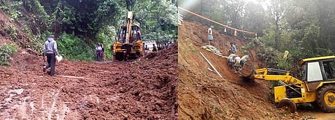 Workers engaged in placing sand bags at the landslide occurred area in Marry land near Kundha bridge in the Nilgiris district
