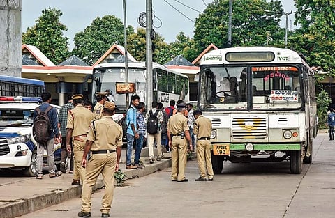 TSRTC bus stands at road on TSRTC bandh (File Photo |EPS)