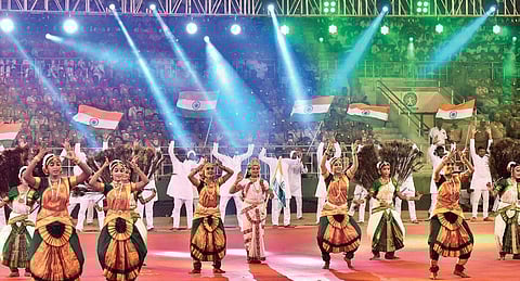 A cultural show; a police dog showcasing skill;