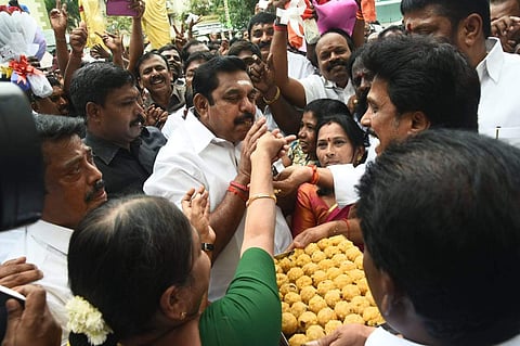 CM Palaniswami celebrating AIADMK candidates' likely win in Assembly bypolls. (Photo | Ashwin Prasath, EPS)