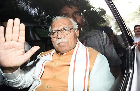 Haryana Chief Minister Manohar Lal Khattar talks to the media in New Delhi. (Photo | Parveen Negi, EPS)