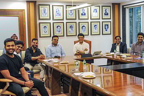BCCI President Saurav Ganguly BCCI Secretary Jay Shah Indian cricket captain Virat Kohli Vice-captain Rohit Sharma and others during the senior selection committee meeting in Mumbai. (Photo | PTI)