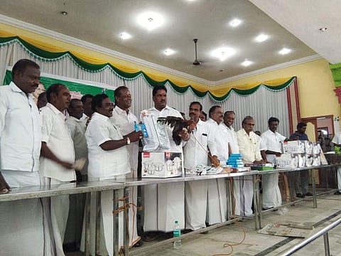 AIADMK MLA V Panneerselvam giving away the Deepavali hamper to the office-bearers of his party at a function held at Kanchi near Tiruvannamalai town on Friday. (Photo | EPS)